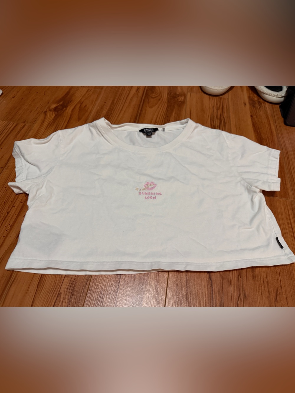 Afends White Crop Tee with Pink 'Sunshine Soon' Graphic